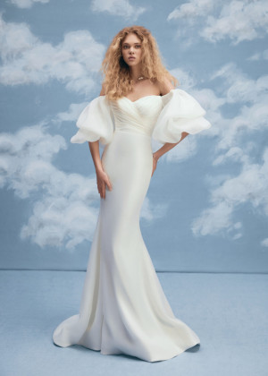 Off Shoulder Ivory Pleated Satin Organza Chic Wedding Dress